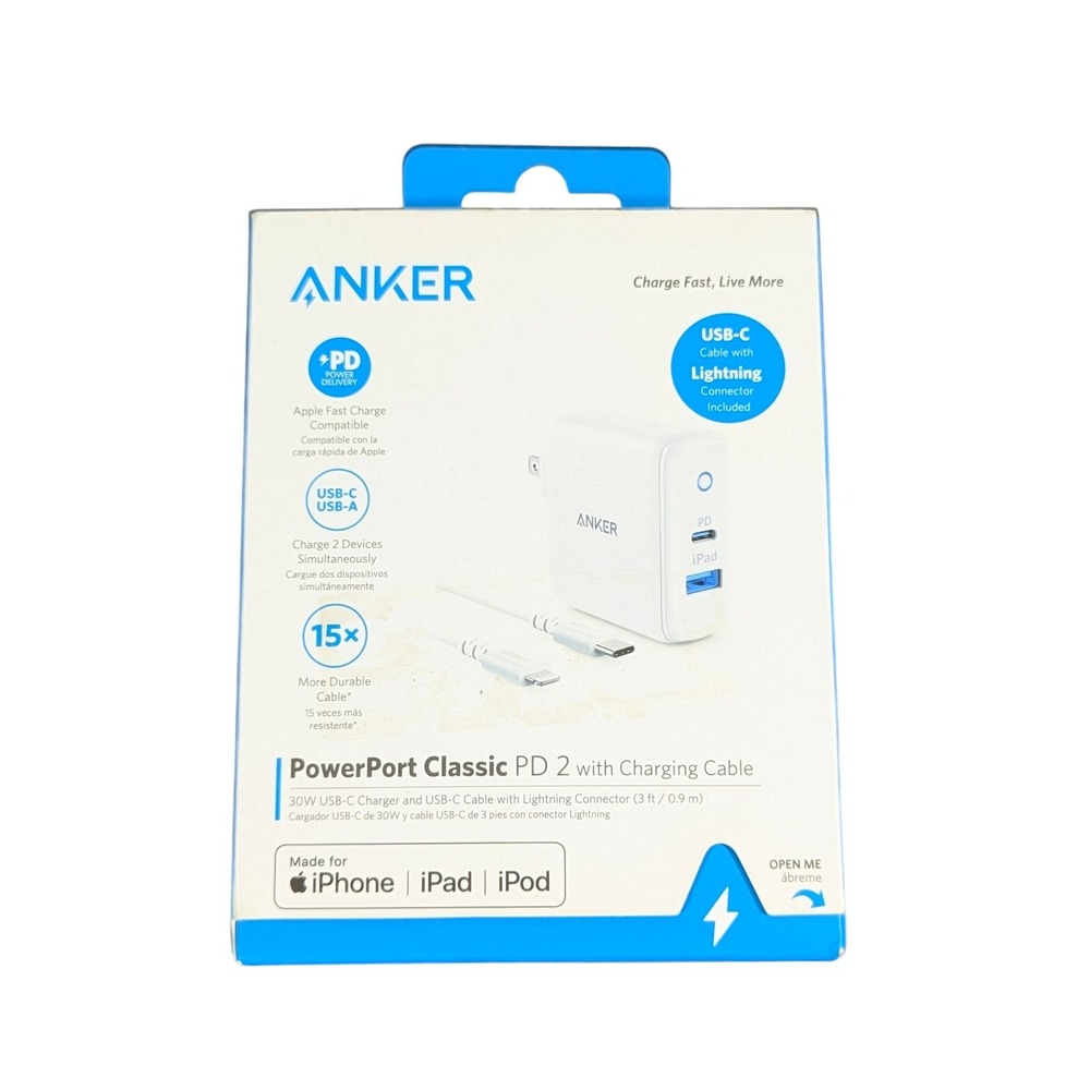 Cc1O Anker Apple Fast Charge Power Port Classic PD 2  w/ 3' Charging Cable White
